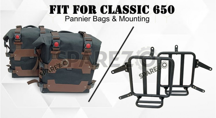 For Royal Enfield Classic 650 Canvas Pannier Bags Black and Brown With Mounting - SPAREZO
